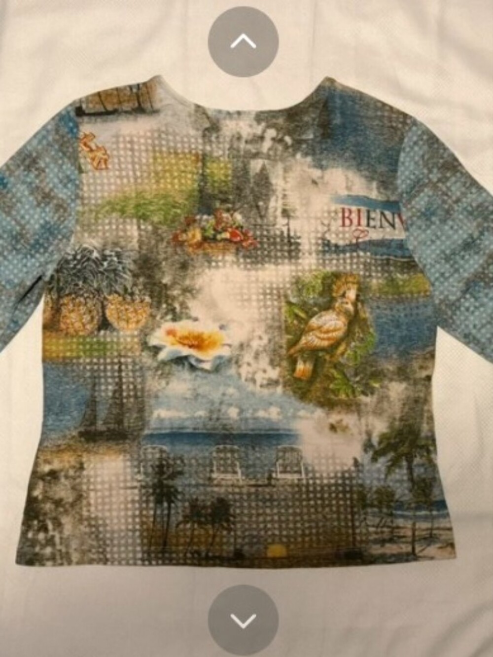 Vintage Nancy Bolen Scenic Nature Watercolor 3/4 Sleeve Top with  - Blue & Green